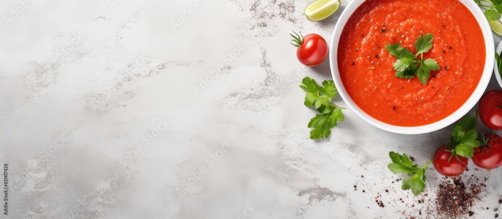 Poster gazpacho soup presented in a bowl on a light stone background with space for text. it is a chilled
