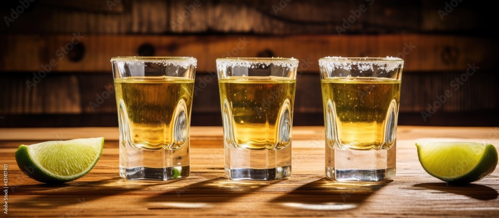 Wall mural Golden Tequila Shots on a wooden background with three shot glasses containing salt, lime slices,