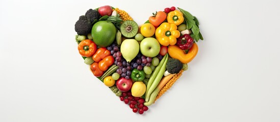 Fruits and vegetables arranged in the shape of a heart, representing healthy food and nutrition,