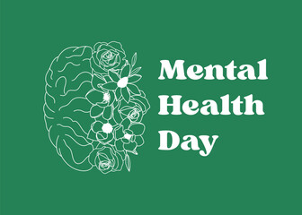 Mental Health Day Vector Banner, floral brain illustration on green background