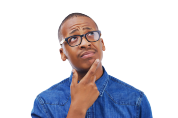 Thinking, black man and confused about question, doubt or remember planning for why on isolated, transparent or png background. Ideas, guy and hand for solution, problem solving or brainstorming