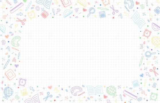 School background with copy space. White graph background with frame of colorful hand drawn school stationery icons. Vector illustration