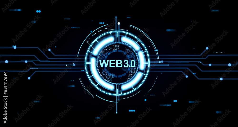 Poster glowing web 3.0 hologram hud with circuit board and digital lines
