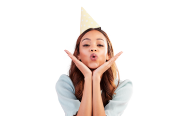 Birthday woman, face portrait and kiss for celebration event, congratulations isolated in transparent or png background. Emoji gesture, party and young female person with hat for festival or winning