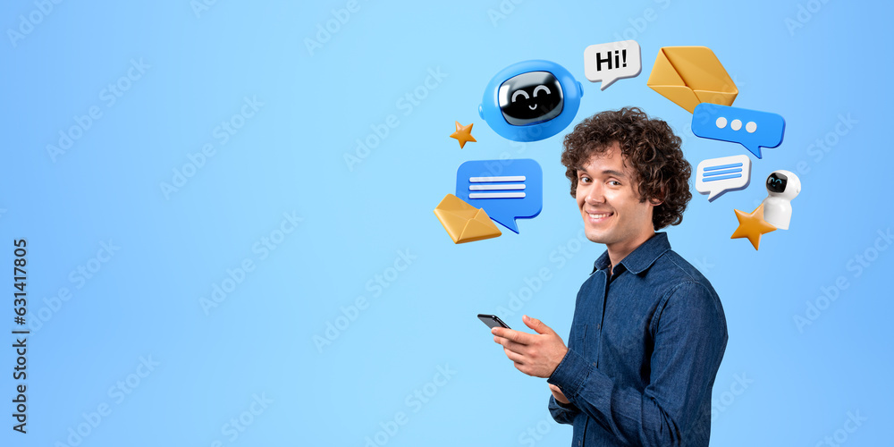 Poster happy man using smartphone for robot communication. copy space