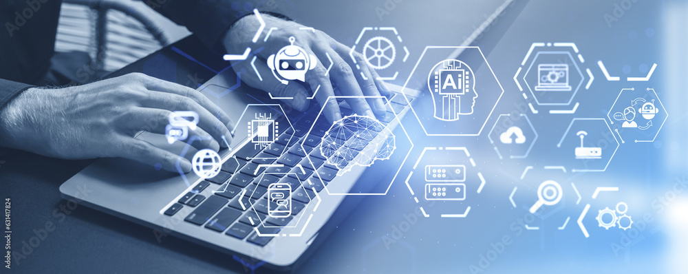 Poster man hands typing on laptop with ai icon interface