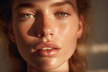Natural young woman with freckles in sunset with shadows on face. Natural beauty close-up of a cute model with glowing healthy skin.  - 631417812