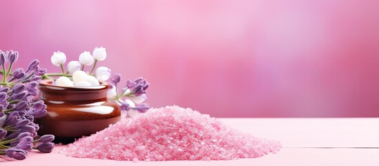 Obraz na płótnie Canvas Lavender Sea Salt With Natural Spa Products On A Pink Background. Banner. Copy Space