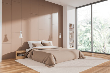 Beige bedroom interior with bed and decoration, panoramic window