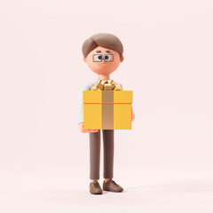 Happy cartoon man holding big gift box