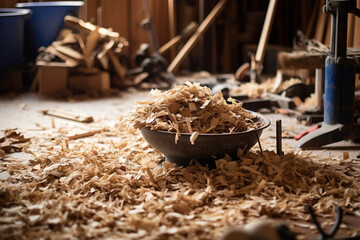 Elevated view of wood shavings on table in workshop,