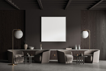 Grey stylish cafe interior with soft armchairs and decoration, mockup frame