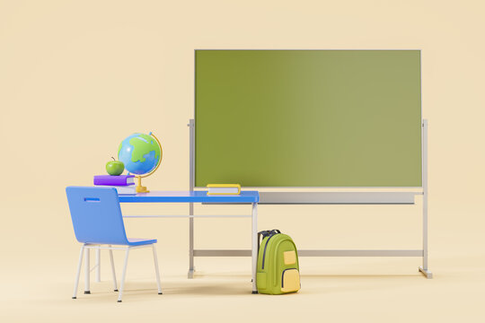 School desk with chalkboard and accessories on beige background, mock up