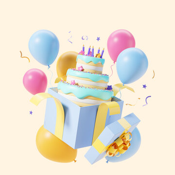 Opened box with full cake and balloons on beige background