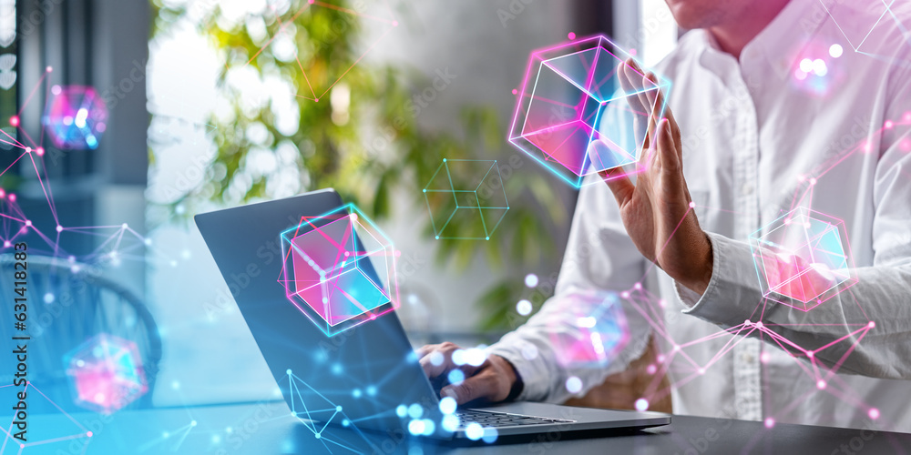 Poster man with laptop using blockchain interface in office, metaverse