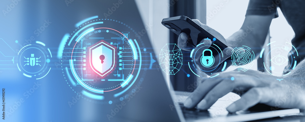Poster man using phone and laptop, cybersecurity and biometric scanning with padlock
