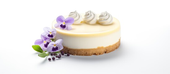 Healthy Organic Summer Dessert Vanilla Cheesecake with Vanilla Flower on a white background. Perfect