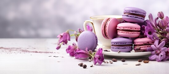 Purple macarons or macaroons cakes with a cup of coffee on a white concrete background, adorned
