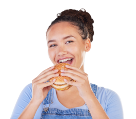 Burger, portrait and woman eating fast food, smile and model isolated on a transparent background. Face, female person and happy girl with lunch meal, hungry or snack with png, takeaway and craving