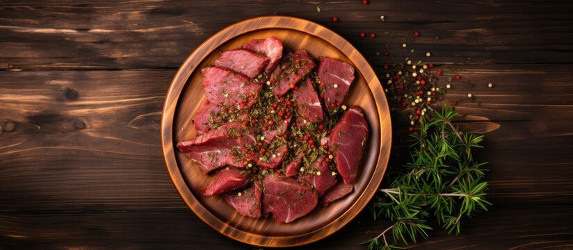 A wooden plate with slices of pastrami, dried beef meat seasoned with herbs, is displayed on a