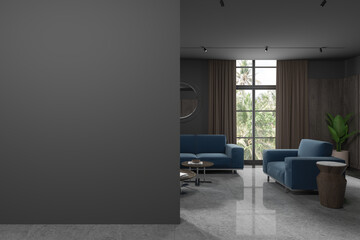 Grey living room interior with soft place and decoration, window and mockup wall