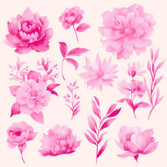 Wedding floral composition, watercolor big flowers, bright pink design, isolated