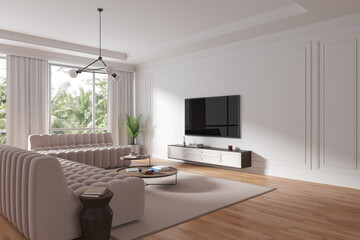 Cozy chill room interior with tv display and drawer, couch with panoramic window