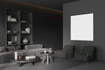 Dark relax room interior couch and armchairs with shelf, mockup frame