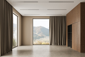 Beige living room interior with shelf, curtains and window on countryside