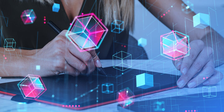 Woman designer drawing for a digital marketplace, metaverse hologram