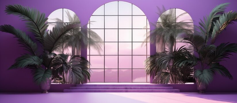 abstract purple studio background with an empty room featuring shadows of windows, flowers, and