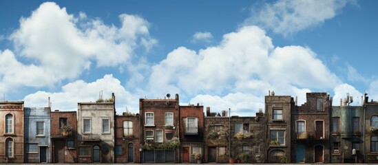 The city or town has a wall built outside with windows, set against a backdrop of blue sky and