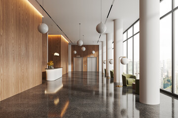 Stylish lobby interior with armchairs and reception desk, elevator and window - obrazy, fototapety, plakaty