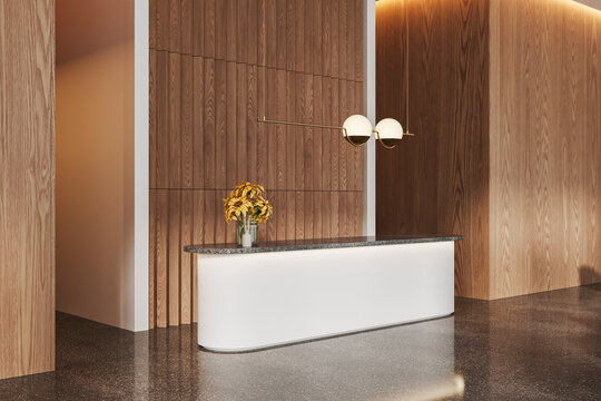 White and wooden office hall interior with reception