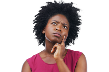 African woman, thinking and vision, ideas or brainstorming for career decision, job choice or confused. Creative person with solution, doubt or question emoji isolated on transparent, png background