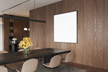 Modern meeting room interior with seats and board, shelf. Mockup frame