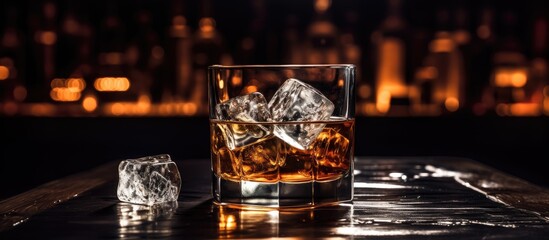a dark and moody atmosphere with a glass of sophisticated whiskey, including ice cubes, placed