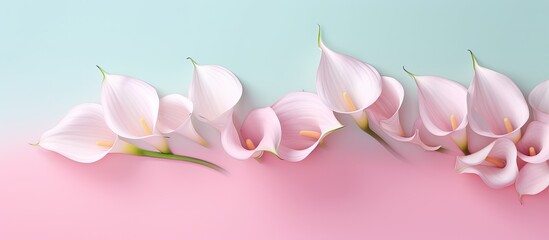 The creative spring layout consists of calla lily flowers with pink paint dripping on a pastel