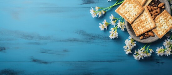 a Passover greeting card is portrayed in the image with matzah, nuts, and tulip flowers on a blue