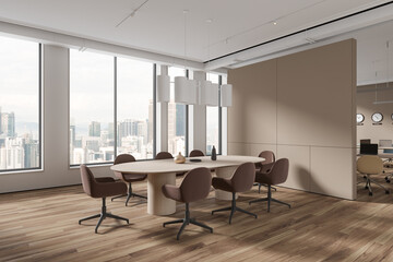 Beige office interior with table and chairs, coworking and conference corner