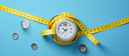flat lay composition of scales and a measuring tape on a light blue background. It provides space