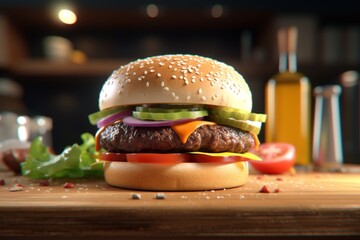 Hamburger on a wooden background. AI generated