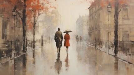 Painting showing two people walking in rain on a street