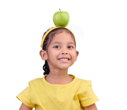 Apple, child and girl head balance for a healthy, wellness or vitamins food for a nutrition diet. Happy, smile and face of kid model with a fruit for a snack isolated by transparent png background. - Powered by Adobe