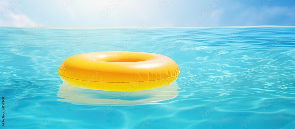 Poster yellow inflatable ring floating in a swimming pool, representing a vacation concept. there is copy