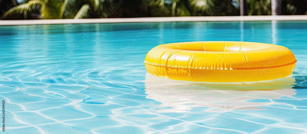 Poster yellow inflatable ring floating in a swimming pool, representing a vacation concept. there is copy
