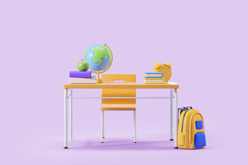 School desk and chair with backpack, globe and books