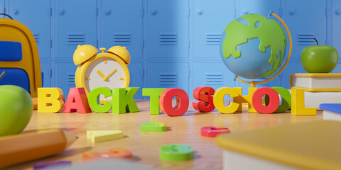 School desk with back to school text, stationary and lockers