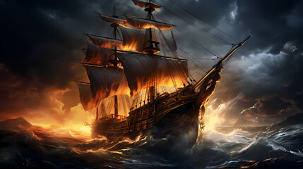 pirate ship in the sea with big storm brewing in the background. Generative Ai