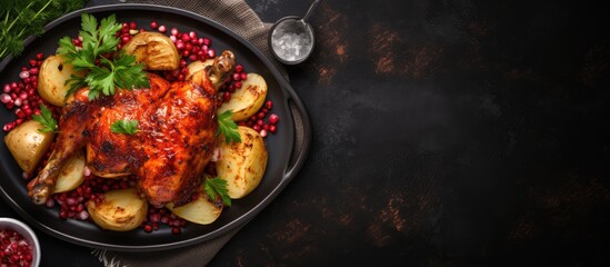 top view of a roasted chicken in pomegranate sauce with potatoes in a gray ceramic mold. The dark